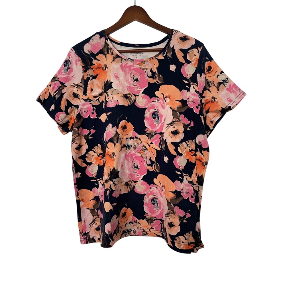 Croft & Barrow Women 1X Floral T Shirt Navy Pink Cotton Short Sleeve Cottagecore